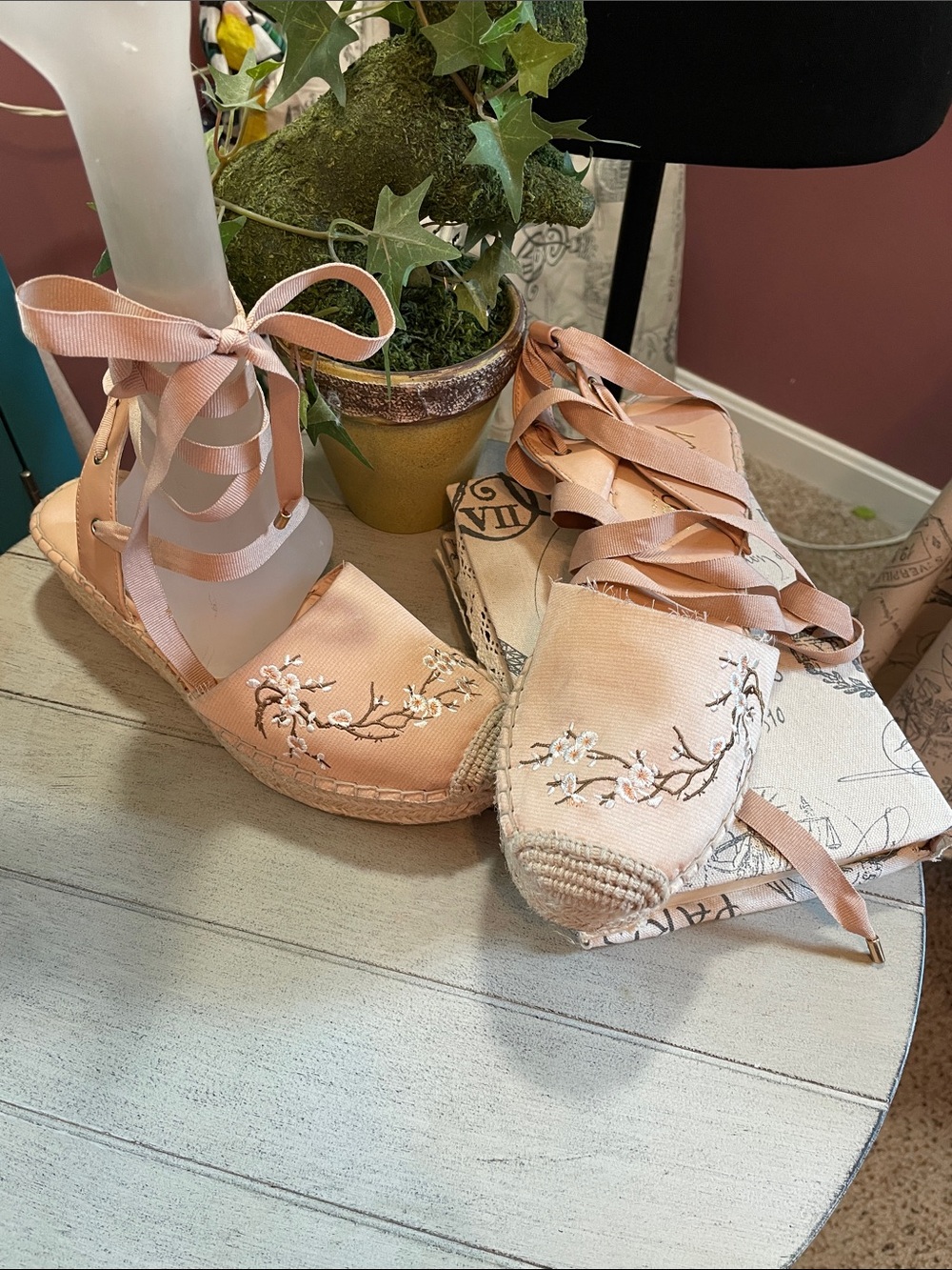 Nanette Lepore Blush Pink Embroidered Espadrille Lace-Up Flats